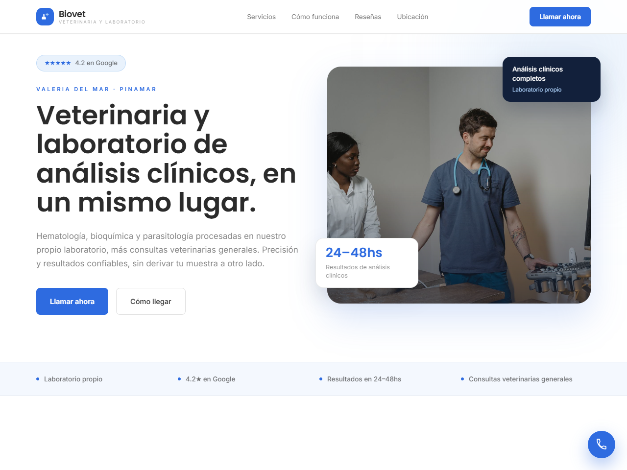 Sitio real de Biovet, veterinaria y laboratorio de análisis clínicos en Valeria del Mar