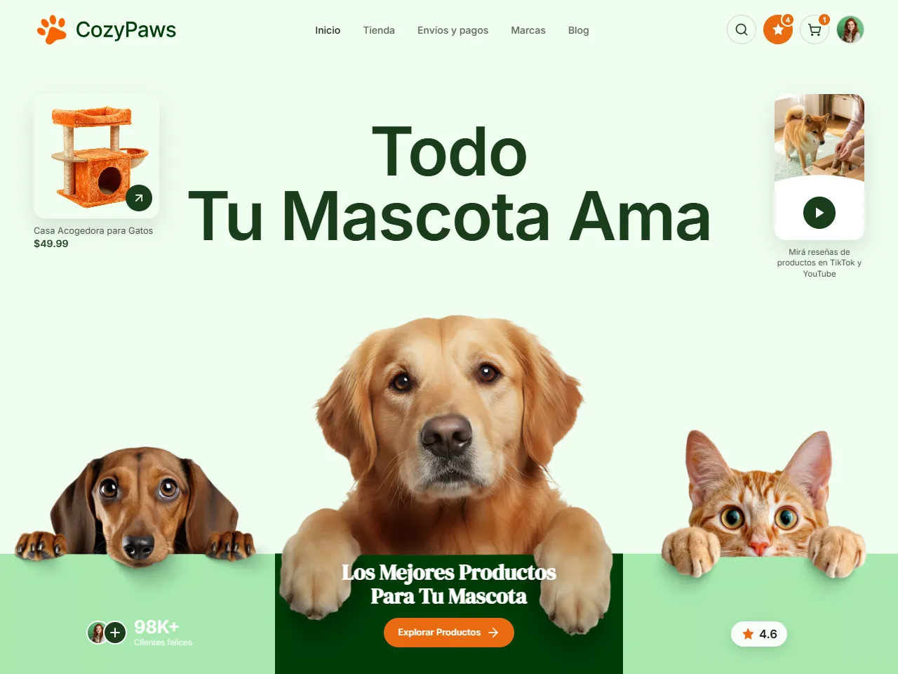 Concept de landing e-commerce para tienda de mascotas