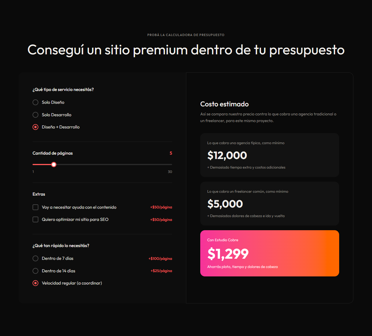 Calculadora de presupuesto de Mimoru Systems para sitios web