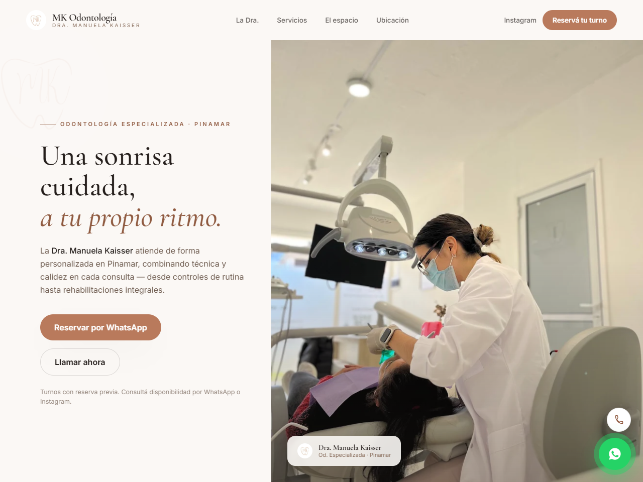 Sitio real de MK Odontología, consultorio boutique de la Dra. Manuela Kaisser en Pinamar