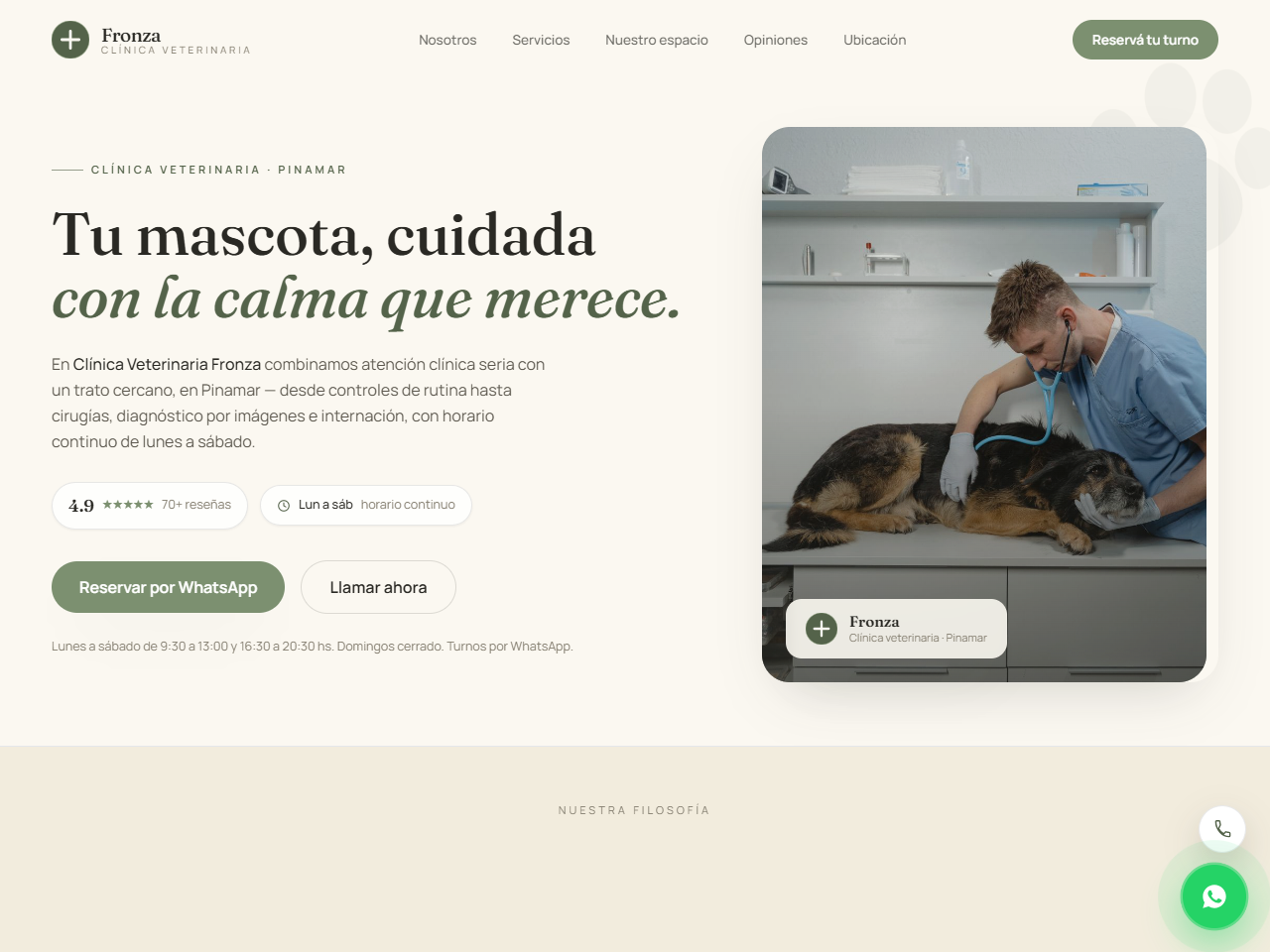 Sitio para Clínica Veterinaria Fronza, veterinaria con calificación 4.9 en Pinamar